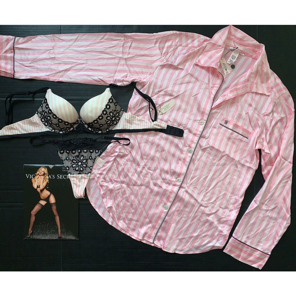 Victoria's Secret 32B,34C BRA SET+PJ SHIRT Pink Black EYELET embroidered STRIPED - Picture 1 of 8